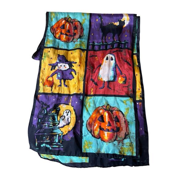 Vtg. Halloween Silk Scarf by ECHO 48 x 11" Trick Or Treat Oblong - Picture 1 of 4